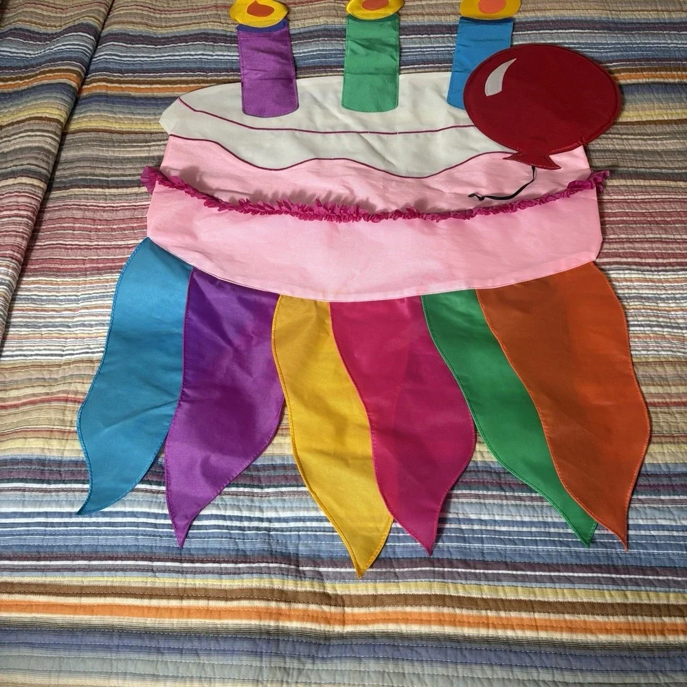 House Flag Happy Birthday Double Sided‎ Banner 28 x 48 Colorful Cake & Balloons